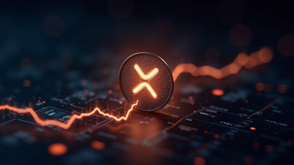 Photorealistic XRP token in the foreground breaks ascending chart with resistance 2,40-2,50; futuristic dashboard in the background