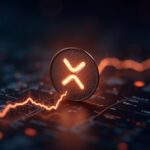 Photorealistic XRP token in the foreground breaks ascending chart with resistance 2,40-2,50; futuristic dashboard in the background