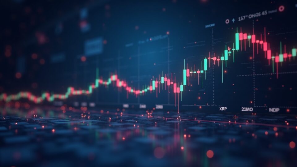 Realistic chart of XRP with a bullish flag and imminent MACD crossover, newsroom-style background highlighting institutional adoption.