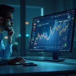 Trading professional observes holographic XRP chart: drop on exchanges and rise in custodians, institutional interest.