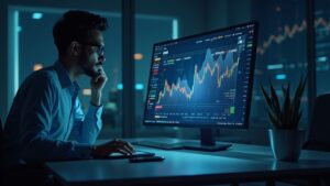 Trading professional observes holographic XRP chart: drop on exchanges and rise in custodians, institutional interest.