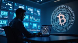 Crypto trader in a sleek news room; holographic tickers show XRP below 2,46, Bitcoin, and the Fed seal in the background.