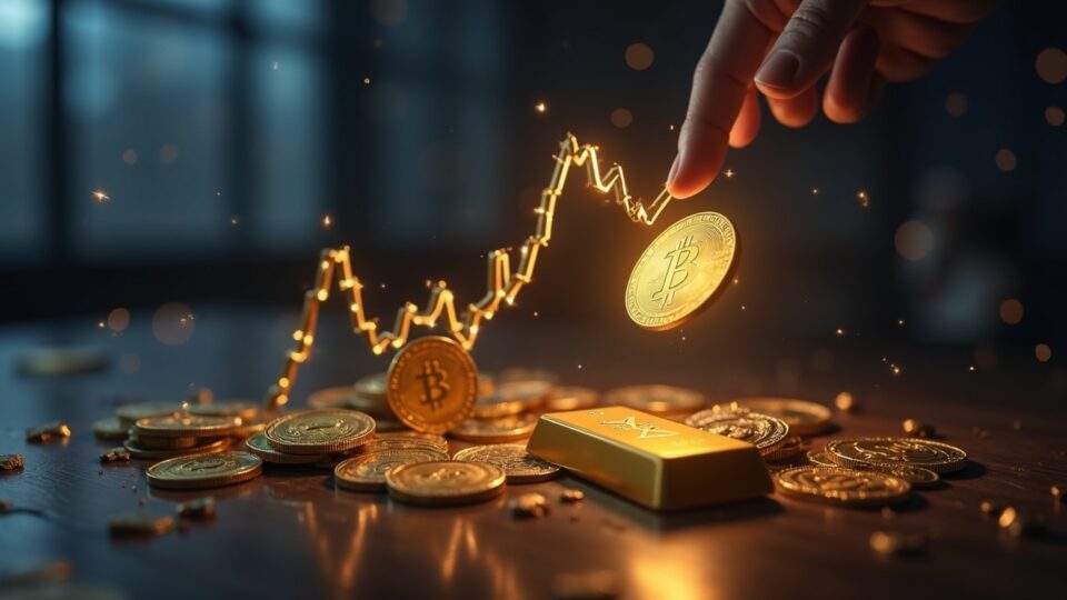 Crypto market scene: XRP rises, gold falls and Bitcoin shines in a modern newsroom.