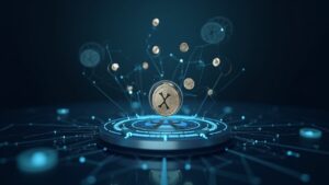 Photorealistic XRP coin over a modern treasury, XRPN hologram and blockchain networks, suggesting institutional liquidity.