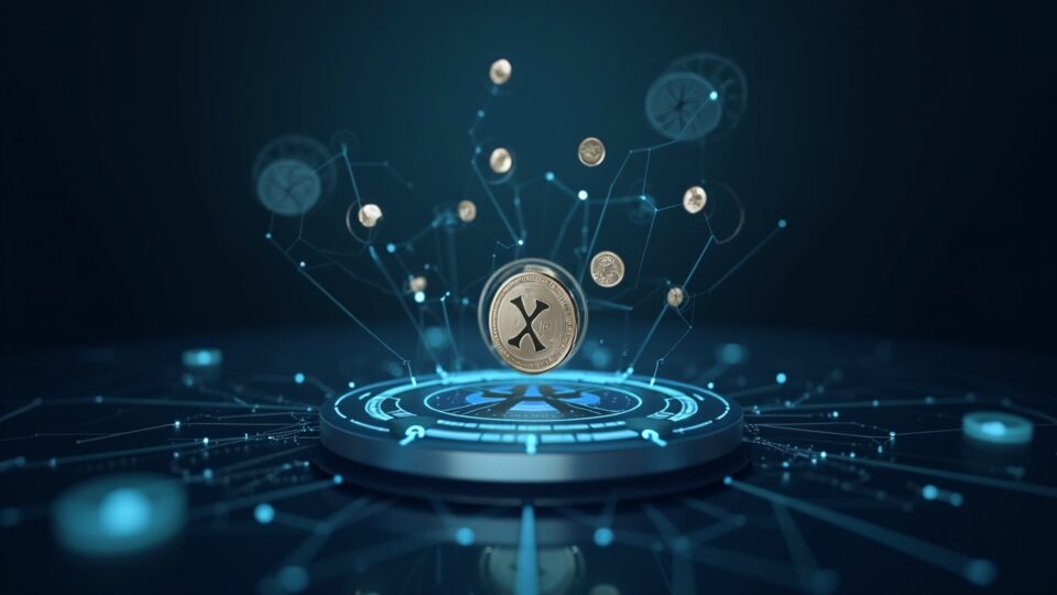 Photorealistic XRP coin over a modern treasury, XRPN hologram and blockchain networks, suggesting institutional liquidity.