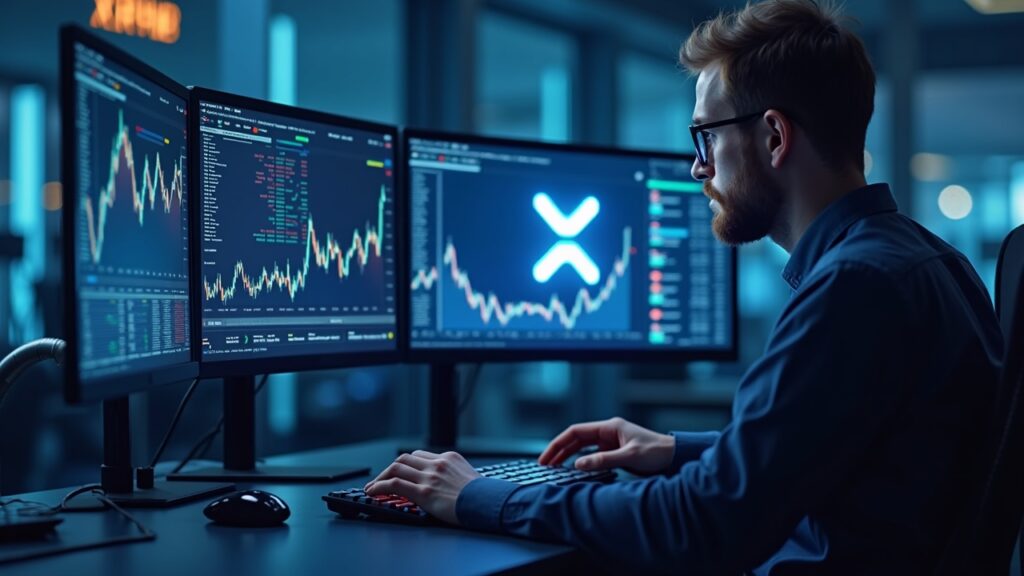 Photorealistic trader in front of screens with XRP above $3 and bullish pennant, on-chain data.