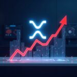 Futuristic trading desk with XRP logo and holographic price chart, peak and red drop due to overvaluation.