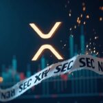XRP logo rises over a digital price chart, SEC ribbons dissolving and large investors in the background.