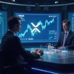 Analyst in a newsroom with XRP charts, whales and ETF holograms, pointing to institutional interest.