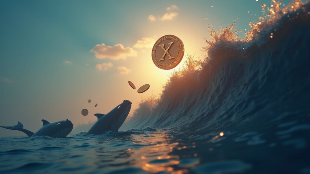 Photorealistic XRP token over an ascending chart with silhouettes of whales transferring coins, pointing to a 7% breakout and double bottom.