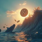 Photorealistic XRP token over an ascending chart with silhouettes of whales transferring coins, pointing to a 7% breakout and double bottom.