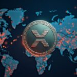 XRP coin in the foreground with an ascending chart and a background of global payments, reflecting a 66% rebound.