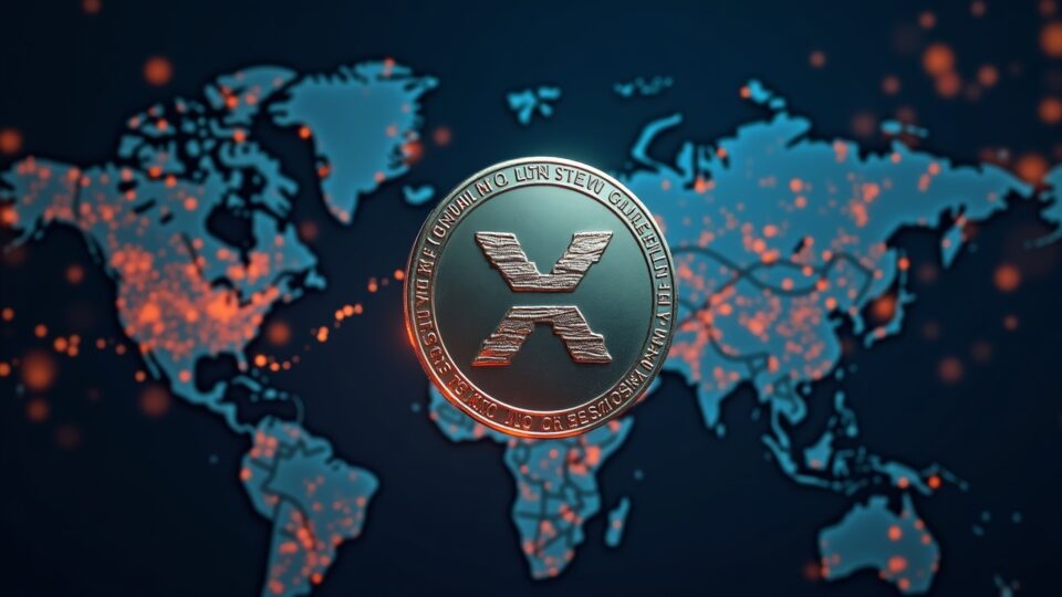XRP coin in the foreground with an ascending chart and a background of global payments, reflecting a 66% rebound.