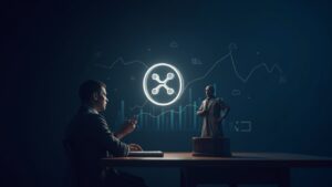 Central, luminous XRP token, rising charts, a discrete gavel and the silhouette of the SEC.