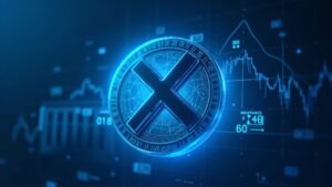 Centered XRP coin with a holographic chart showing resistance at 2.67 and retreat to 2.60, Fed building in the background.