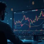 Trader central en una sala cripto observa XRP en un tablero holográfico, con una línea de precio de $2.00 y flechas rojas.