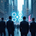 XRP logo in the center, Wall Street skyline and institutional traders with an upward price chart.