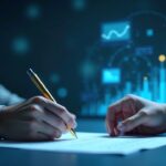 Crypto investor signs a deal while holographic AI educational videos appear, symbolizing the investment in VideoTutor.