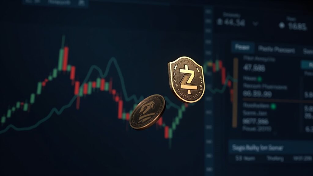 Zcash logo with shielded tokens over a crypto derivatives panel and a fear index in the background.