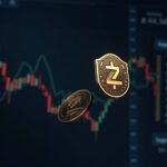 Zcash logo with shielded tokens over a crypto derivatives panel and a fear index in the background.