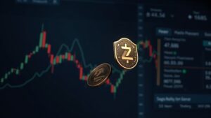Zcash logo with shielded tokens over a crypto derivatives panel and a fear index in the background.