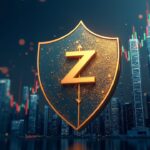 Zcash above $300, upward chart, zk‑SNARKs privacy shield and institutional skyline.