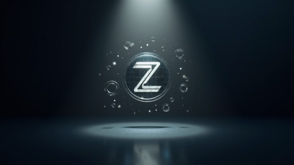 Central Zcash logo illuminated, in front of a glass data panel with Halo 2 and floating dollar icons.