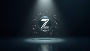 Central Zcash logo illuminated, in front of a glass data panel with Halo 2 and floating dollar icons.