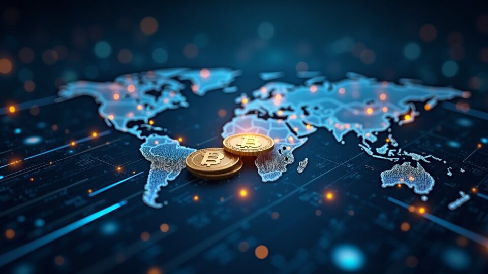 Global cross-border payment flow with stablecoins, a central fintech hub, and digital rails signaling remittance disruption.