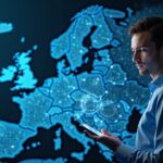 Fintech professional beside a holographic Europe map showing euro and stablecoin icons with MiCA badges.