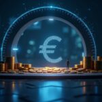 Fintech professional in front of a euro→crypto gateway, a luminous bridge toward the GHO emblem and MiCA symbols.