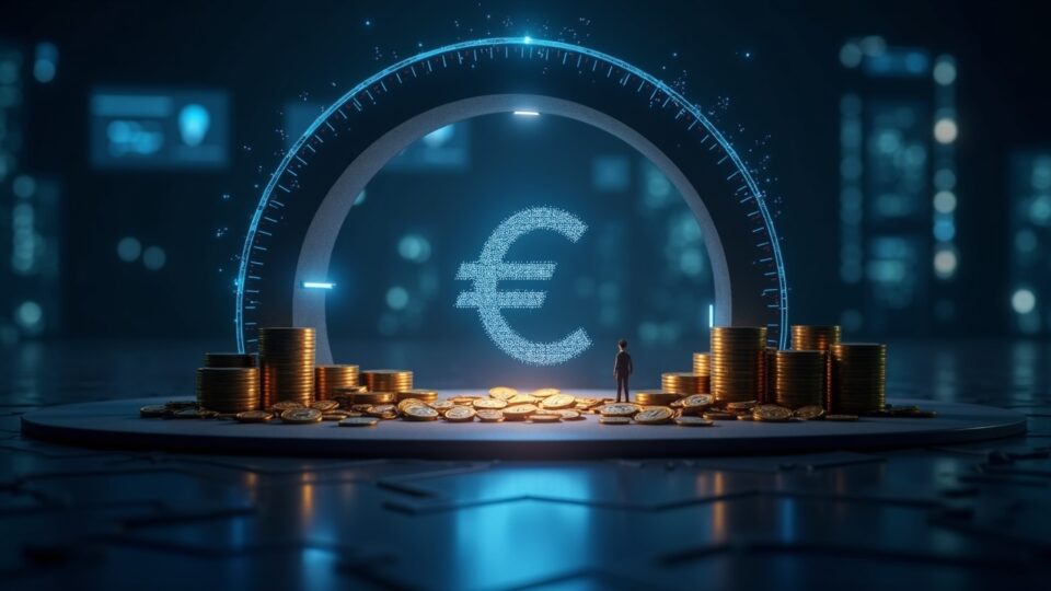Fintech professional in front of a euro→crypto gateway, a luminous bridge toward the GHO emblem and MiCA symbols.
