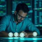 Photorealistic trader in a newsroom watches three glowing altcoins next to a Black Friday calendar.