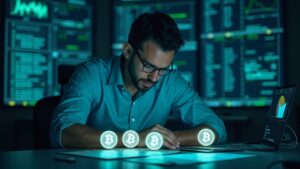 Photorealistic trader in a newsroom watches three glowing altcoins next to a Black Friday calendar.