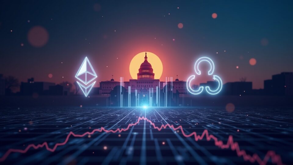 Photorealistic header: ETH, XRP and SOL logos centered, Capitol in the background, liquidity bars and circuit glow.