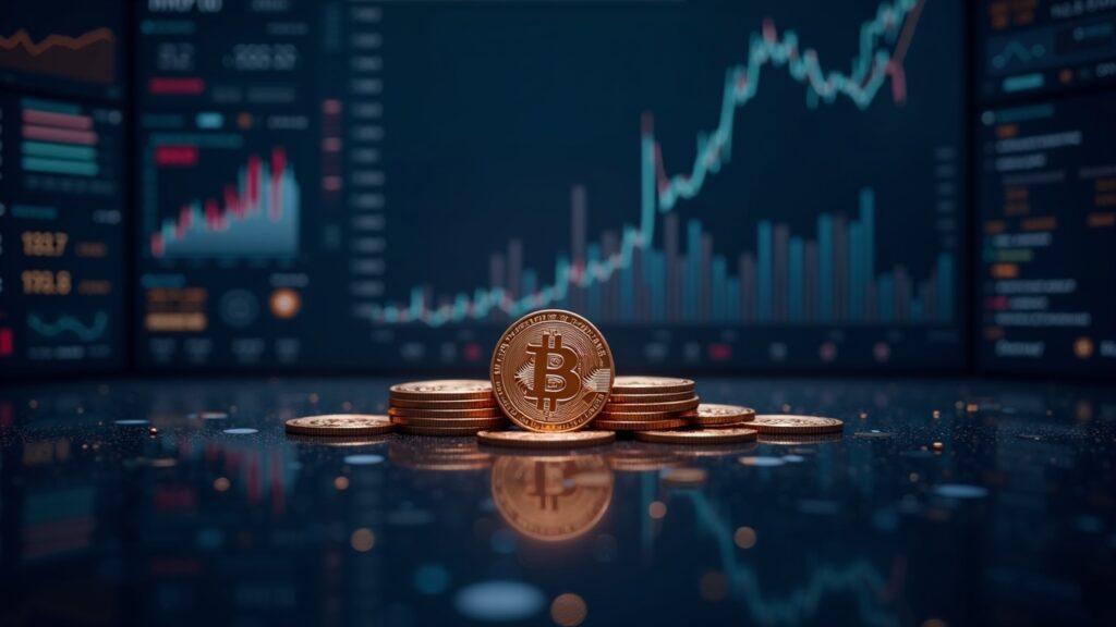 Photorealistic scene of HYPE, WLFI, and ENA rising, Bitcoin cooling off, in a crypto room with futuristic dashboards.