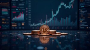 Photorealistic scene of HYPE, WLFI, and ENA rising, Bitcoin cooling off, in a crypto room with futuristic dashboards.