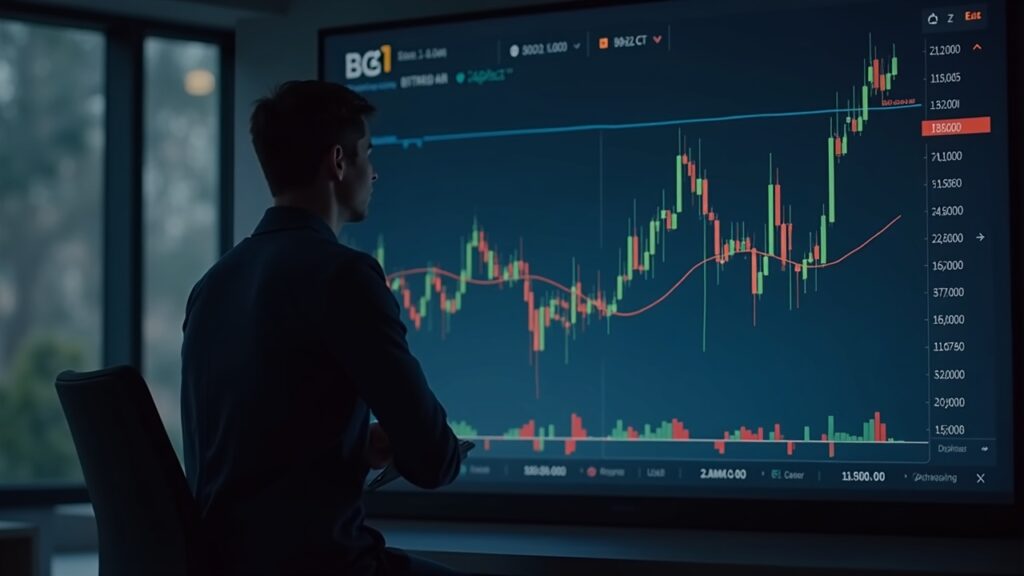 Analyst in a newsroom watches a chart of Bitcoin falling to 70k–75k, with ETF icons.