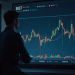 Analyst in a newsroom watches a chart of Bitcoin falling to 70k–75k, with ETF icons.