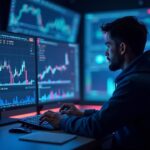Crypto analyst in a neon control room, holograms of XRP, Solana and Dogecoin, with charts and regulatory symbols.