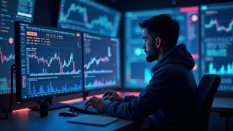 Crypto analyst in a neon control room, holograms of XRP, Solana and Dogecoin, with charts and regulatory symbols.