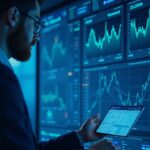 Financial analyst looking at panels of the XRPC XRP ETF on a translucent screen, blue lighting and a Nasdaq atmosphere.