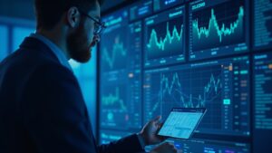 Financial analyst looking at panels of the XRPC XRP ETF on a translucent screen, blue lighting and a Nasdaq atmosphere.
