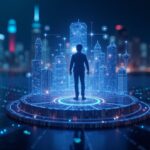 Central user with shiny arcade tokens in a blockchain hologram, in front of a digital city.
