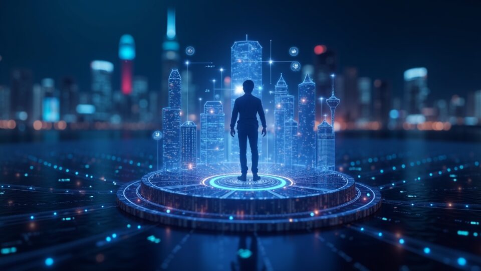 Central user with shiny arcade tokens in a blockchain hologram, in front of a digital city.