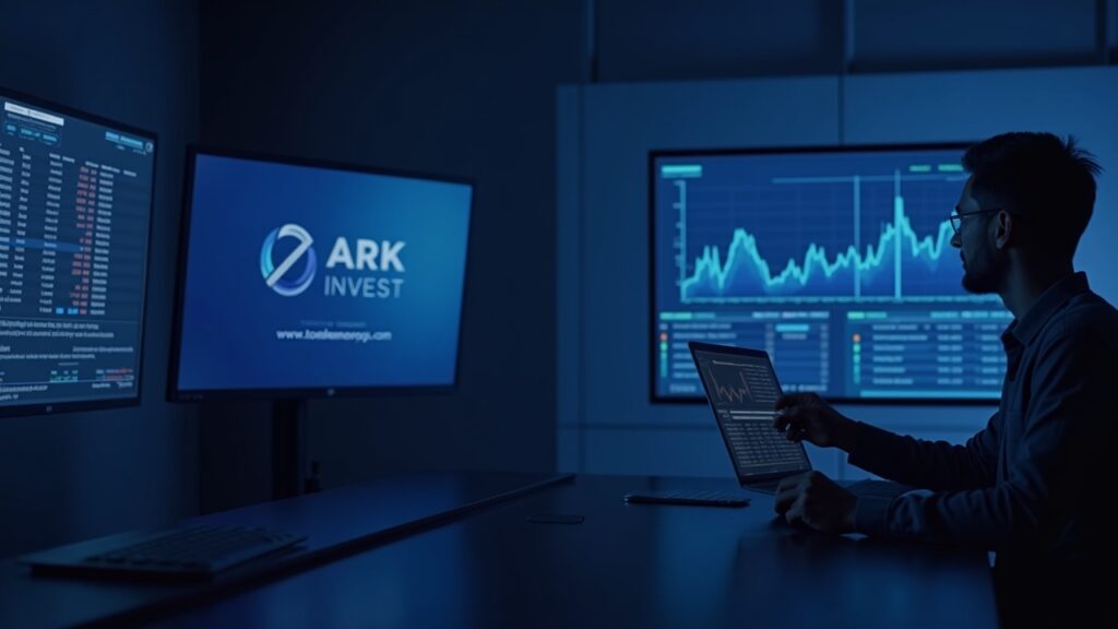 Analyst reviews Coinbase charts on screen with Ark Invest branding.