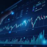 Ark Invest executive analyzes a fintech dashboard with metrics for Circle USDC and Bullish, in front of a declining crypto chart.