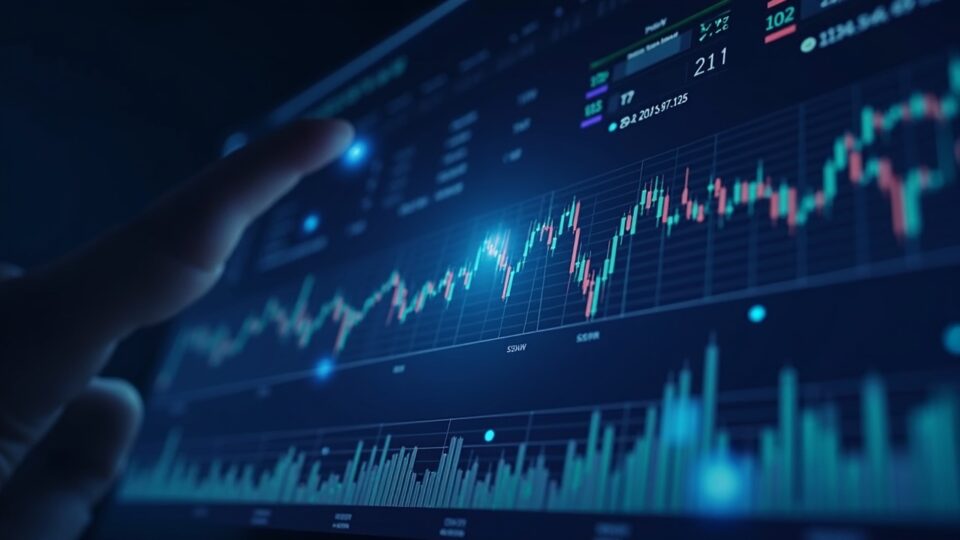 Ark Invest executive analyzes a fintech dashboard with metrics for Circle USDC and Bullish, in front of a declining crypto chart.