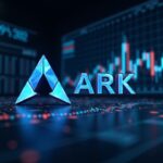 Photorealistic portrait of Ark Invest in a financial news room, with crypto tickers and rising charts.