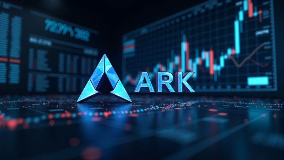 Photorealistic portrait of Ark Invest in a financial news room, with crypto tickers and rising charts.